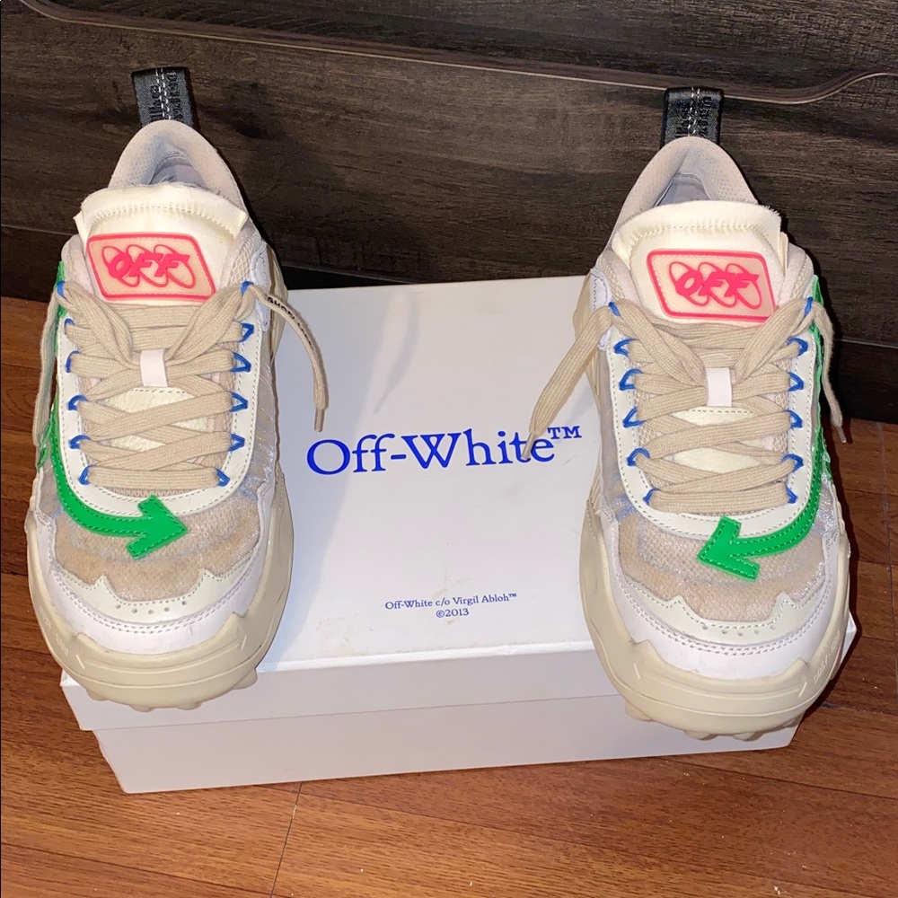Off-White Beige Sneakers with Green and Blue Accents
